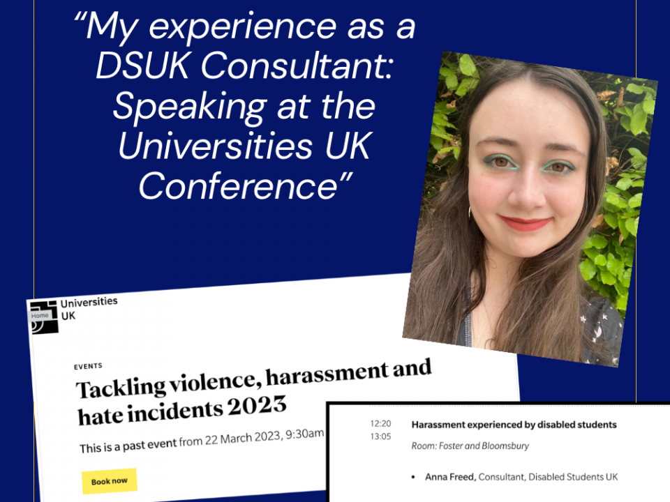Photo of Anna alongside the text: "My experience as a DSUK consultant speaking at the UK Universities Conference"